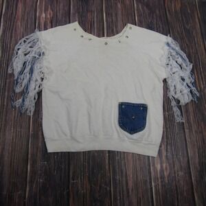 Cesucci Shirt Womens Medium White Fringe Sleeve Denim Pocket Studded Handpainted